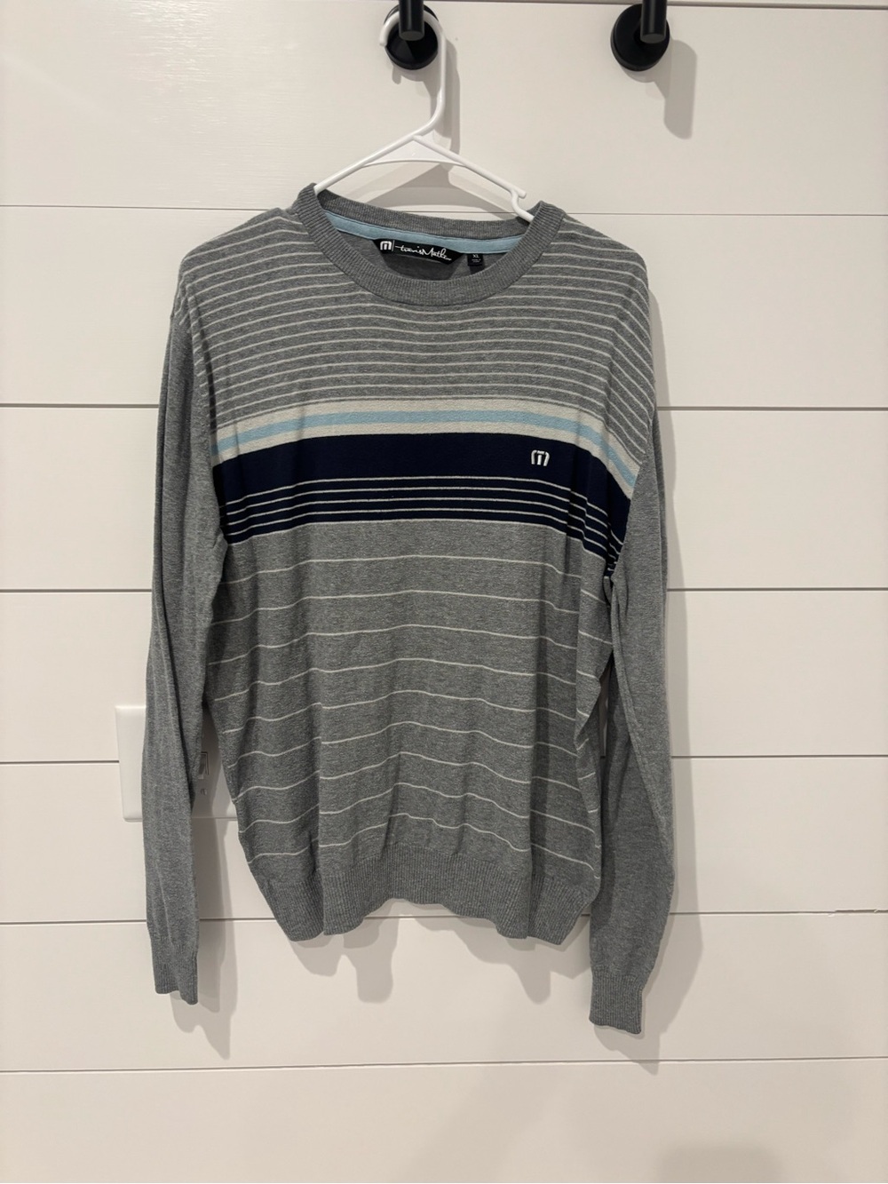 Travis Mathew Gray and Light Blue Striped Crewneck Sweater